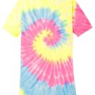 Tie-dye T-shirt with yellow, pink, and blue spiral pattern.