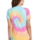 Person wearing a colorful tie-dye T-shirt, shown from the back.