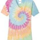 Tie-dye T-shirt with a colorful spiral pattern in blue, pink, yellow, and green.