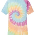Colorful spiral tie-dye T-shirt with pastel shades of blue, pink, yellow, and green.