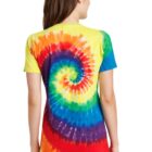 Person wearing a colorful tie-dye T-shirt with a spiral pattern, viewed from the back.