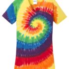 Tie-dye T-shirt with spiral pattern in rainbow colors.