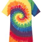 Tie-dye T-shirt with a colorful spiral pattern.