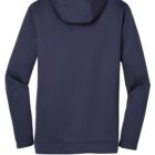 Navy blue hooded jacket shown from the back against a white background.