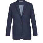 Navy blue blazer with two front pockets and a single button closure.