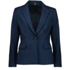 A navy blue womens blazer with a single button closure, lapels, and two flap pockets on the front. The blazer is displayed against a white background.