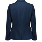 Back view of a tailored navy blue blazer with long sleeves and a notched collar, featuring buttons on the cuffs and subtle seam detailing.