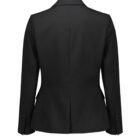 Back view of a black tailored blazer with long sleeves and a classic collar. The blazer is shown on a plain white background, highlighting its structured fit and simple design.