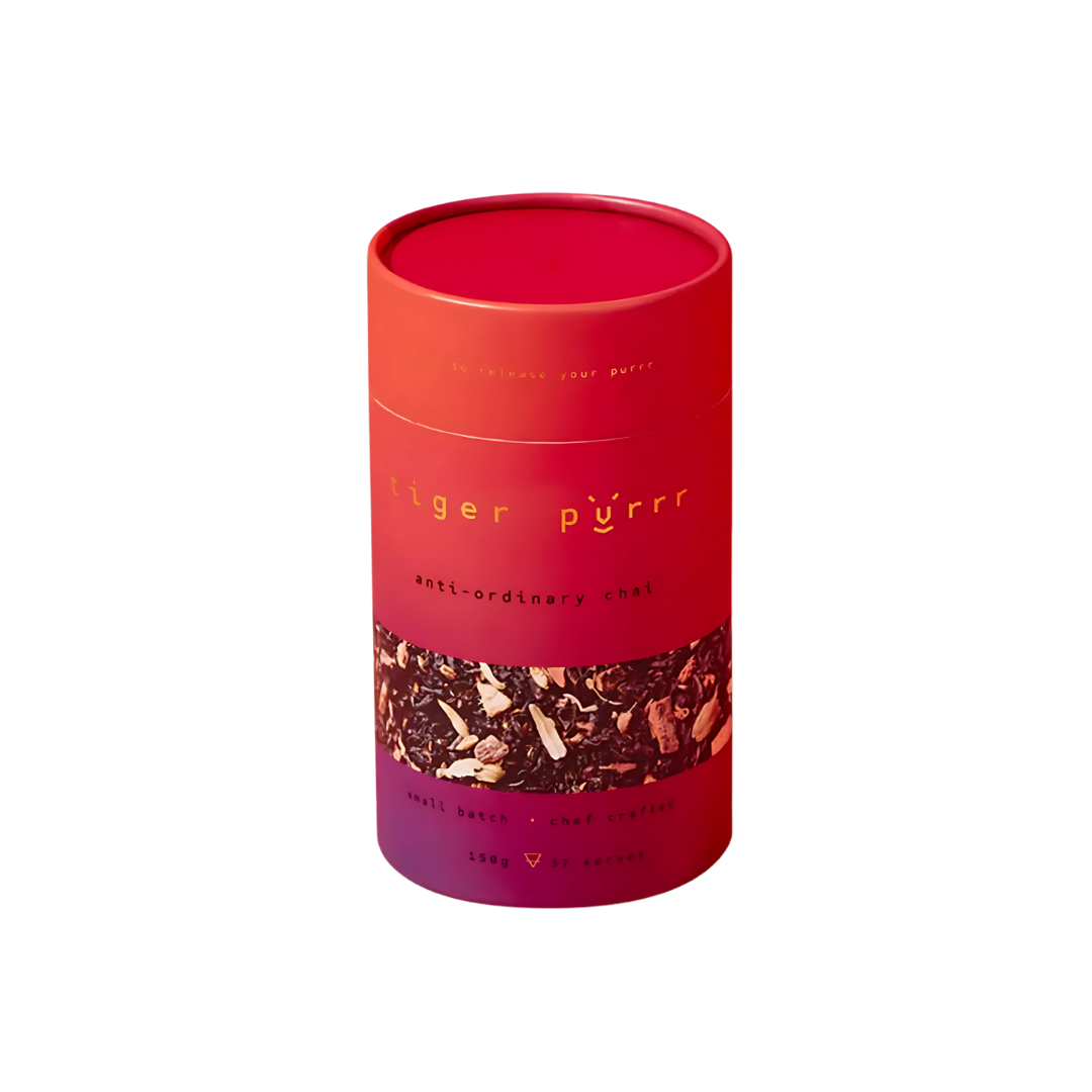 Red Tiger Purrr Chai Tea Canister with visible chai spices.