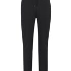 Black jogger-style sweatpants with a drawstring waist and cuffed ankles on a white background.