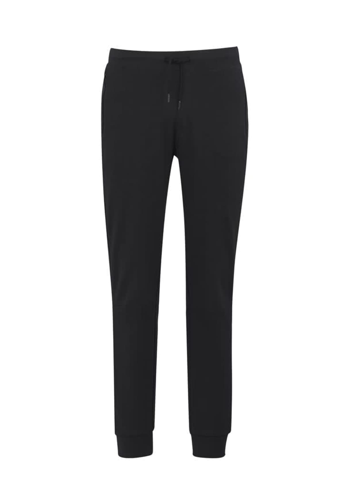 Black jogger-style sweatpants with a drawstring waist and cuffed ankles on a white background.