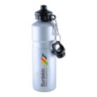 Silver water bottle with Burdekin Shire Council logo and a black cap with keyring attachment.