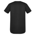 Back view of a plain black T-shirt with short sleeves.