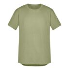 Olive green T-shirt with short sleeves and a round neckline.