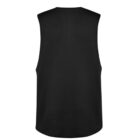 Back view of a plain black sleeveless vest on a white background.
