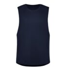 Plain navy blue sleeveless shirt on a white background.