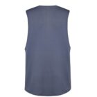Back view of a plain blue sleeveless shirt against a white background.