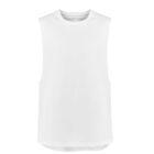Plain white sleeveless shirt against a white background.