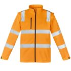 Bright orange jacket with reflective silver stripes and a front zipper.
