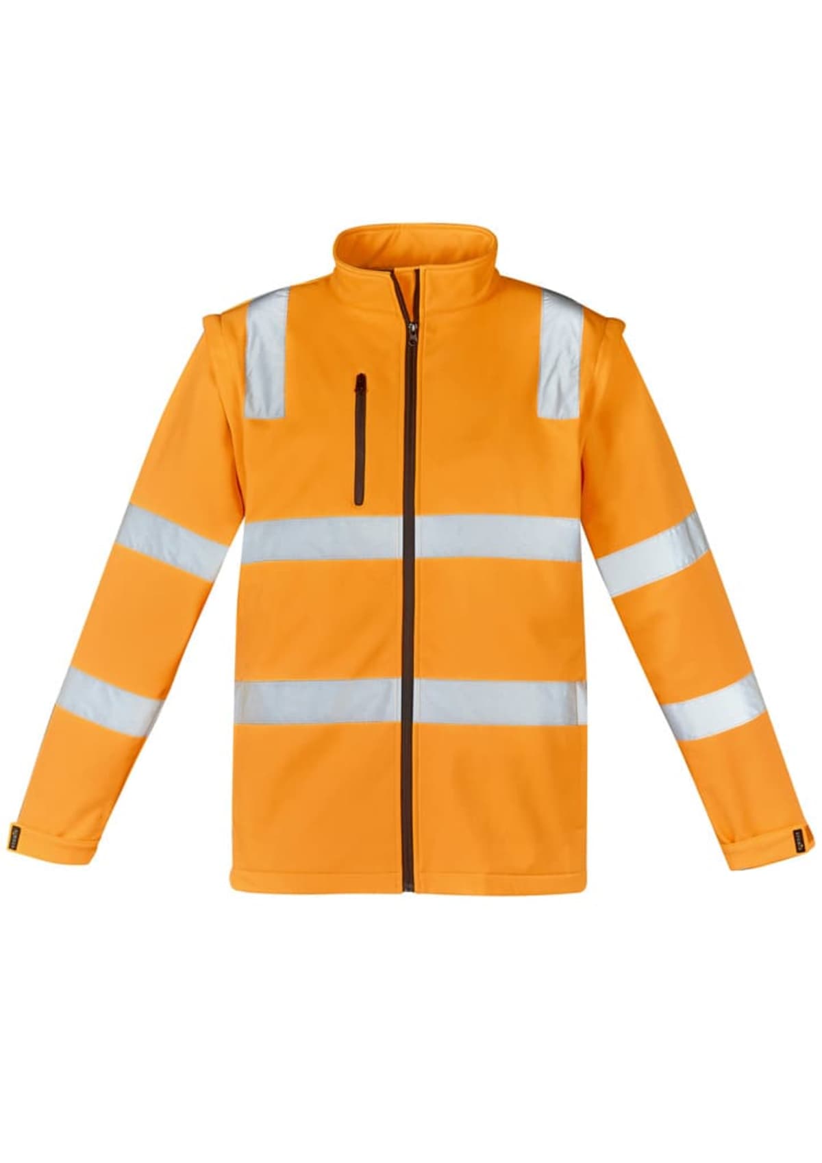 Bright orange jacket with reflective silver stripes and a front zipper.