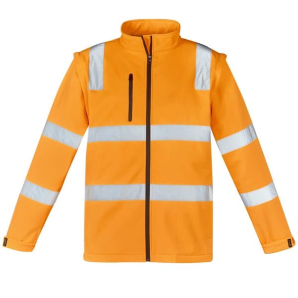 Orange safety jacket with reflective silver stripes and a front zipper.