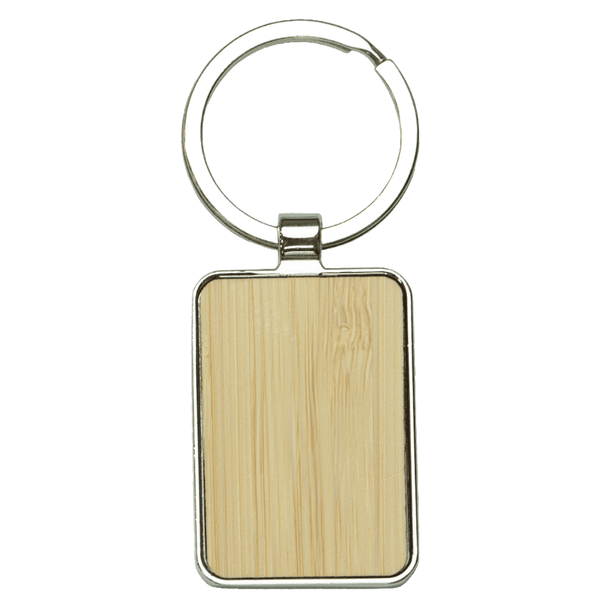 A rectangular keychain with a metallic frame and a wooden insert. It features a metal ring at the top for attaching keys.