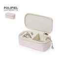 Small cream jewelry box with rings and a bracelet inside, lid open, POLIPIEL LEATHERETTE text.