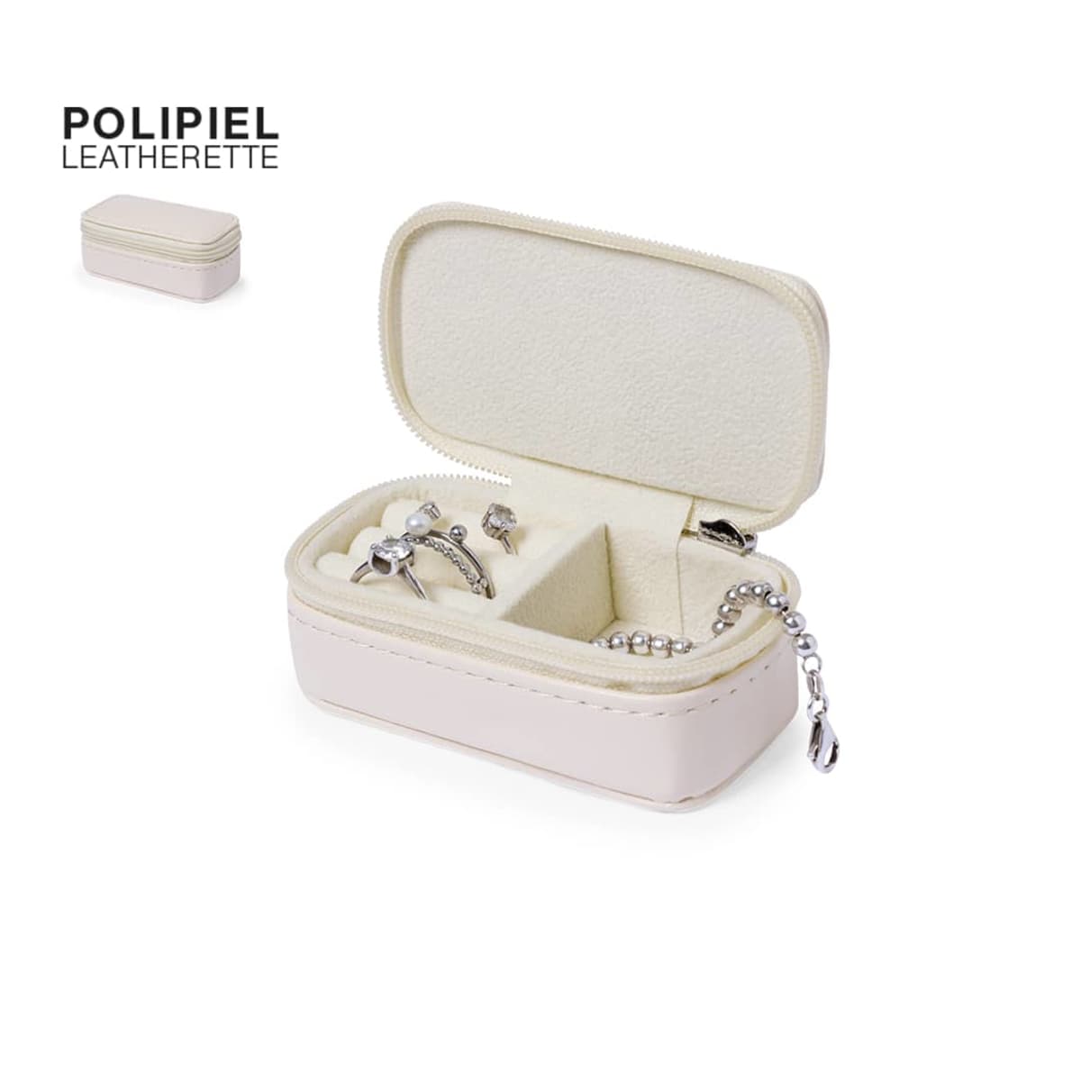 Small cream jewelry box with rings and a bracelet inside, lid open, POLIPIEL LEATHERETTE text.