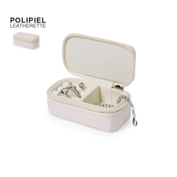 Small cream leatherette jewelry box with rings and a bracelet inside, lid open.