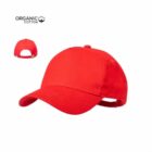 Bright red baseball cap made of organic cotton, shown from front and back angles.