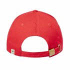 Back view of a red baseball cap with an adjustable strap and metal buckle.