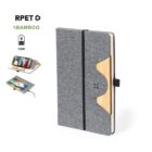 Grey bamboo notebook with wireless charging pad, phone holder, and elastic closure.