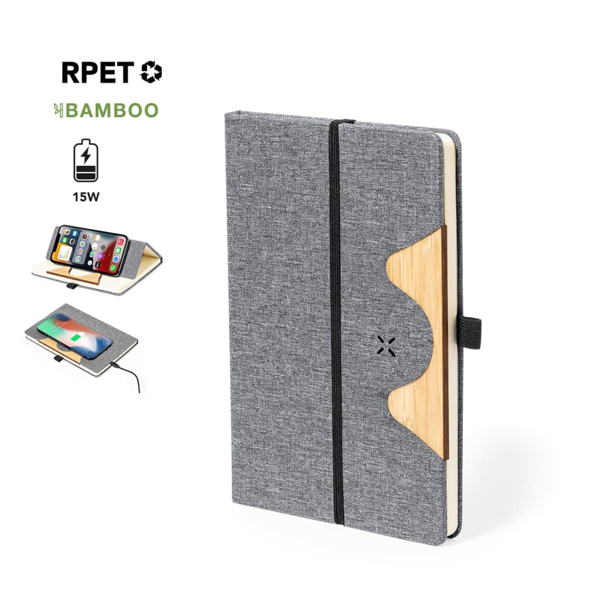 Grey bamboo notebook with wireless charging pad, phone holder, and elastic closure.
