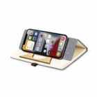 Smartphone in a gray and beige stand case, propped up horizontally displaying apps.