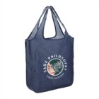 Reusable blue tote with Sage Philosophy 100% Natural logo on the front.