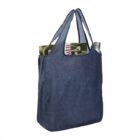 Blue tote bag with magazines and a metal bottle inside.