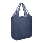 Blue reusable fabric tote bag with two handles, standing upright.