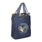 Blue tote bag with a Sage Philosophy logo, holding a magazine and a water bottle.