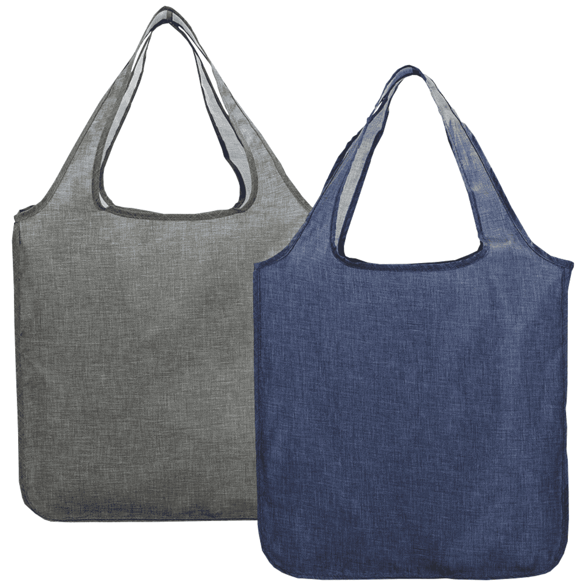 Two reusable fabric tote bags, one gray and one blue, with handles.