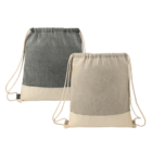 Two Shirof Recycled Cotton Drawstring Bags in grey and beige with cream accents.