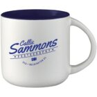 White ceramic mug with a blue interior. It has blue text reading Callie Sammons Photography and USA, Washington DC, with a camera icon in between.