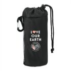 Black drawstring bag with Love Our Earth text and leaf logo.