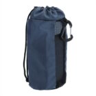 Blue drawstring water bottle holder with mesh sides and attached carabiner clip.