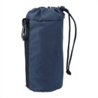 Dark blue drawstring water bottle holder with a black mesh panel and carabiner.