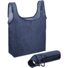 Foldable blue reusable tote bag with carrying case, isolated on white background.