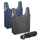 Two reusable bags, one blue and one gray, next to a folded black bag.