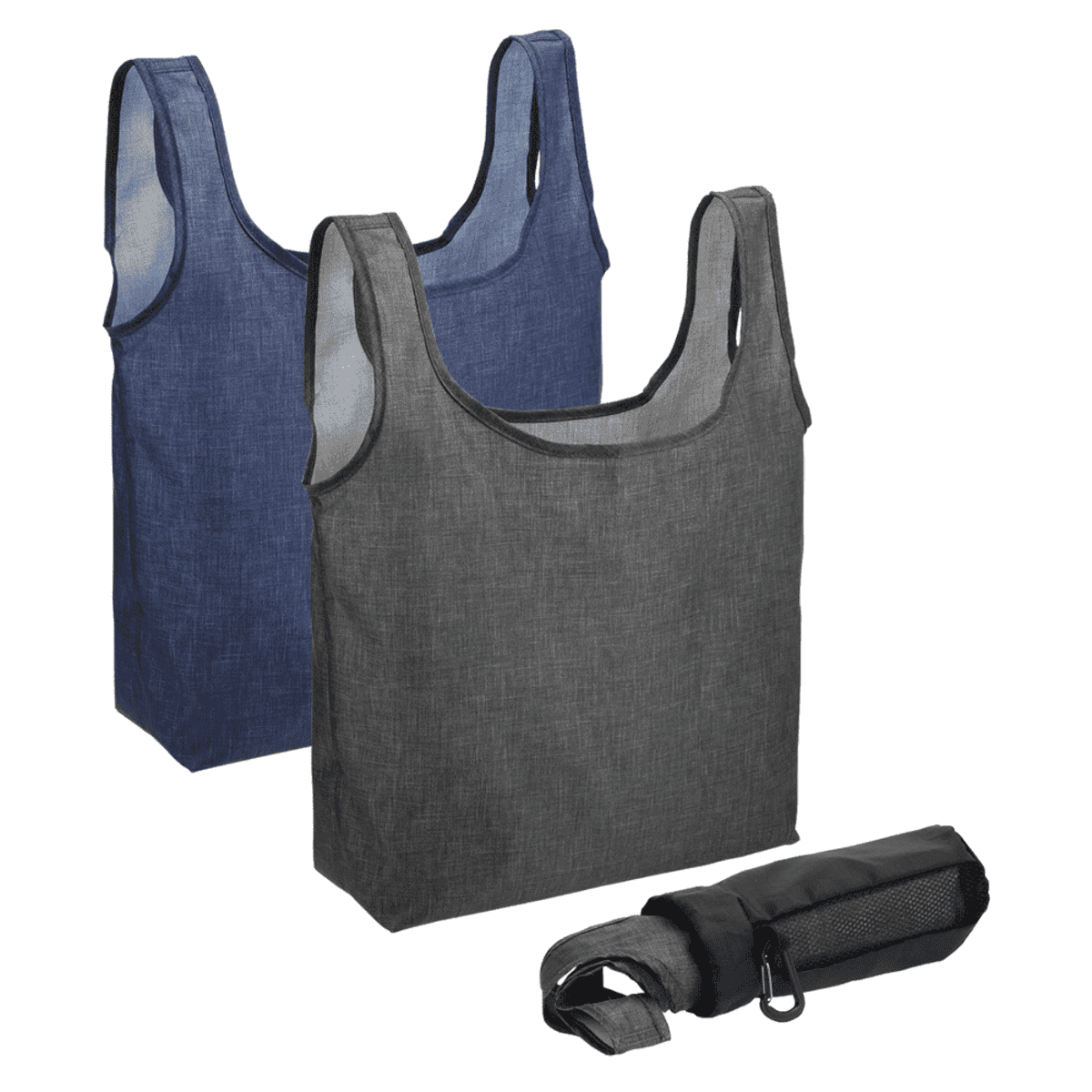 Two reusable bags, one blue and one gray, next to a folded black bag.