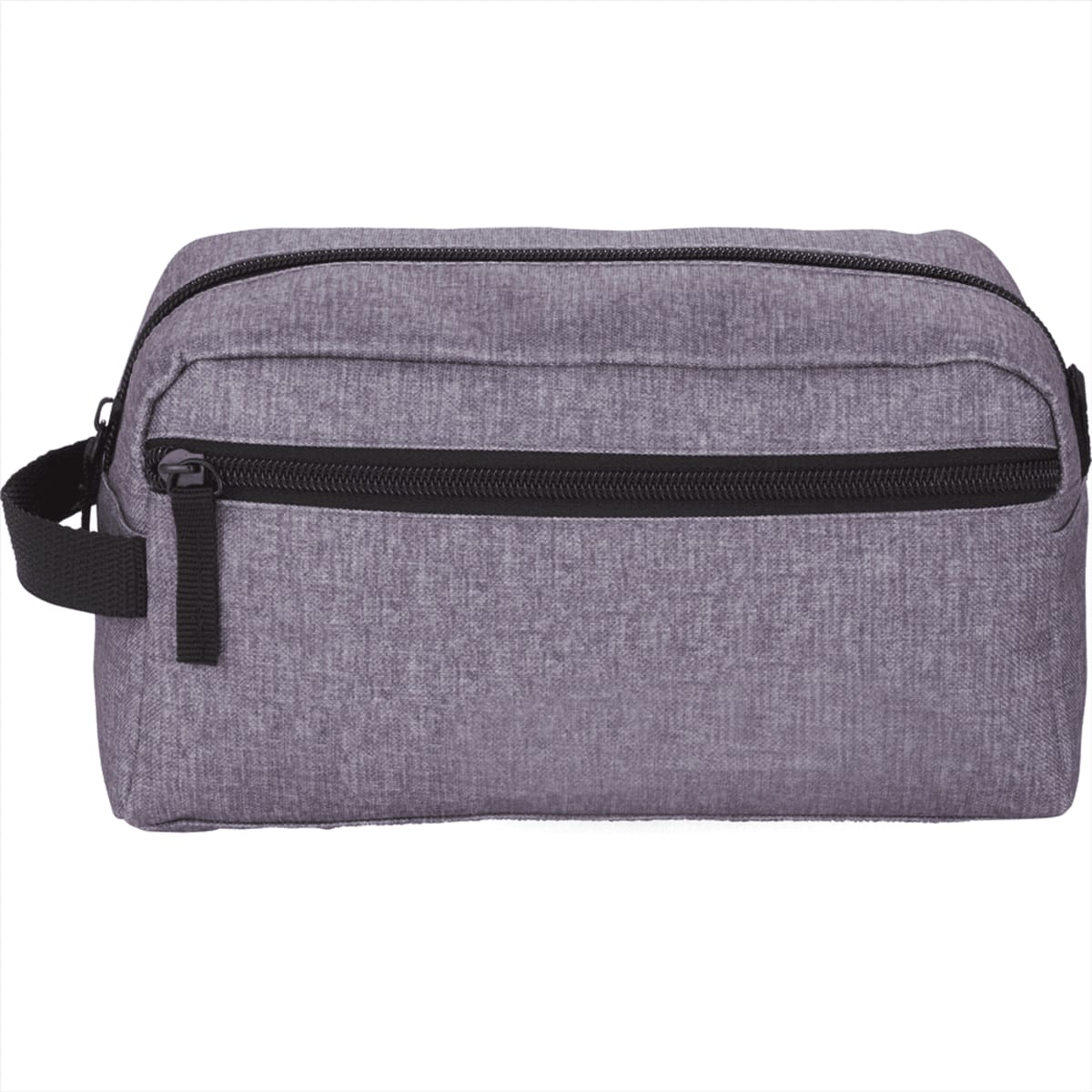 Gray toiletry bag with black zippers and a side handle on a white background.