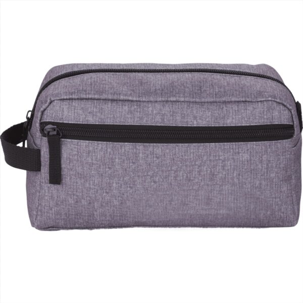 Gray toiletry bag with a handle, featuring two black zippered compartments.