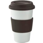 White travel mug with a black lid and black grip band around the middle.
